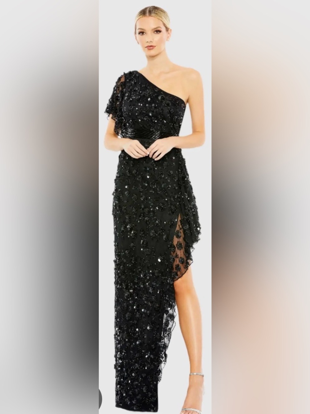 Mac Duggal One Shoulder Beaded Embellished Gown with Asymmetrical Hem Size 0